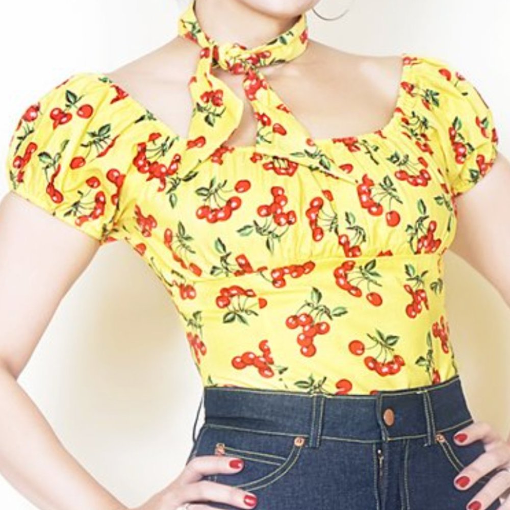 Bernie Dexter Yellow Cherry Retro Peasant Top